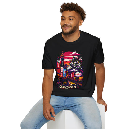 Black T-shirt with Osaka neon cityscape print, worn by a man sitting