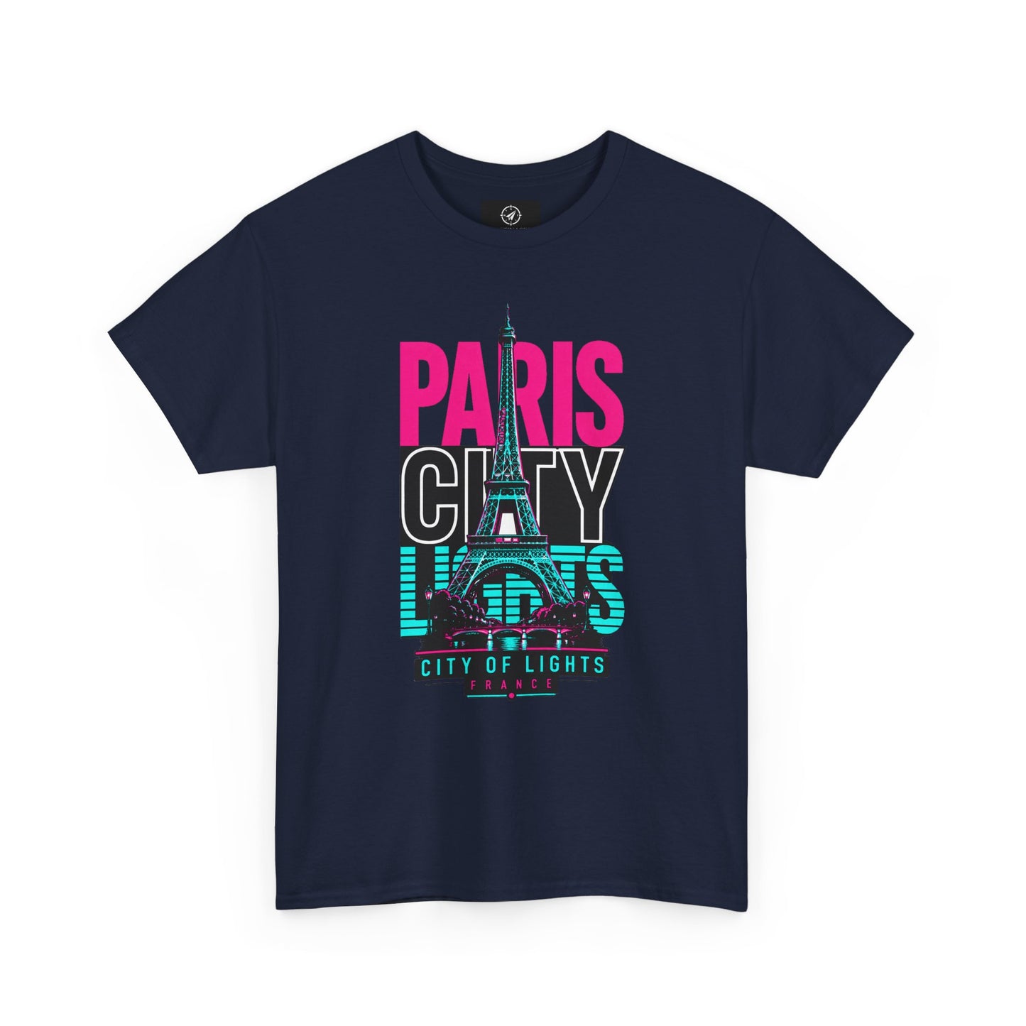 Navy T-shirt with neon Eiffel Tower graphic and 'PARIS CITY LIGHTS' print