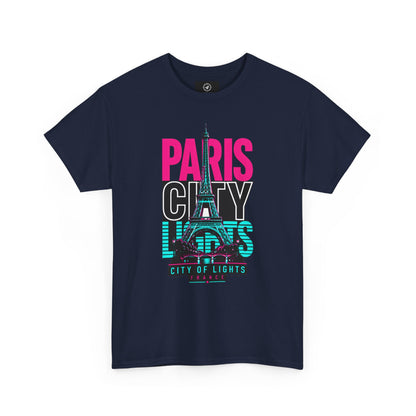 Navy T-shirt with neon Eiffel Tower graphic and 'PARIS CITY LIGHTS' print