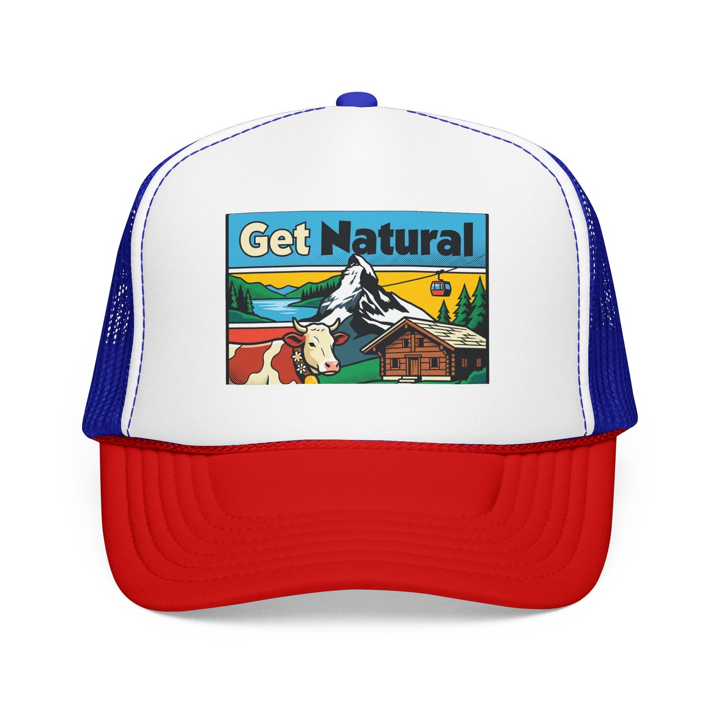 Get Natural trucker hat with Swiss landscape patch, white front and red brim with blue mesh.