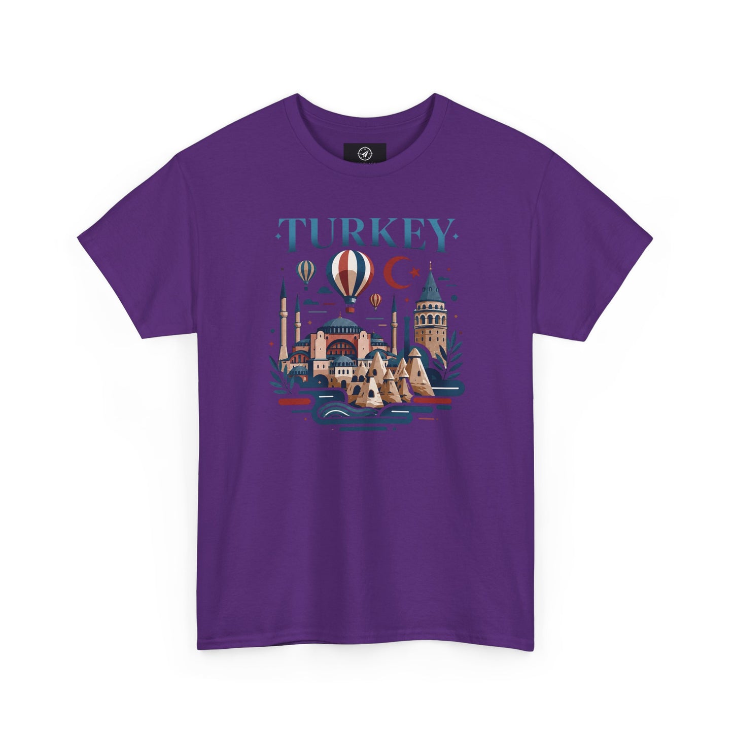 Purple T-shirt with Turkey skyline and hot air balloon graphic