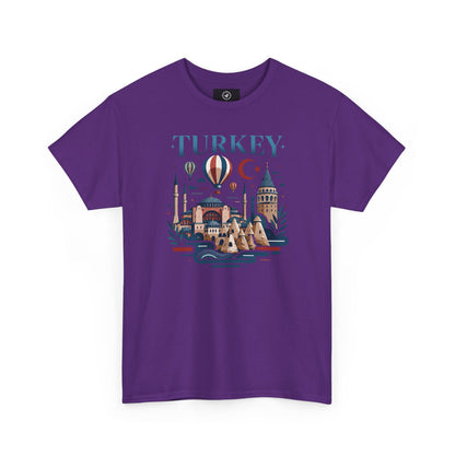 Purple T-shirt with Turkey skyline and hot air balloon graphic