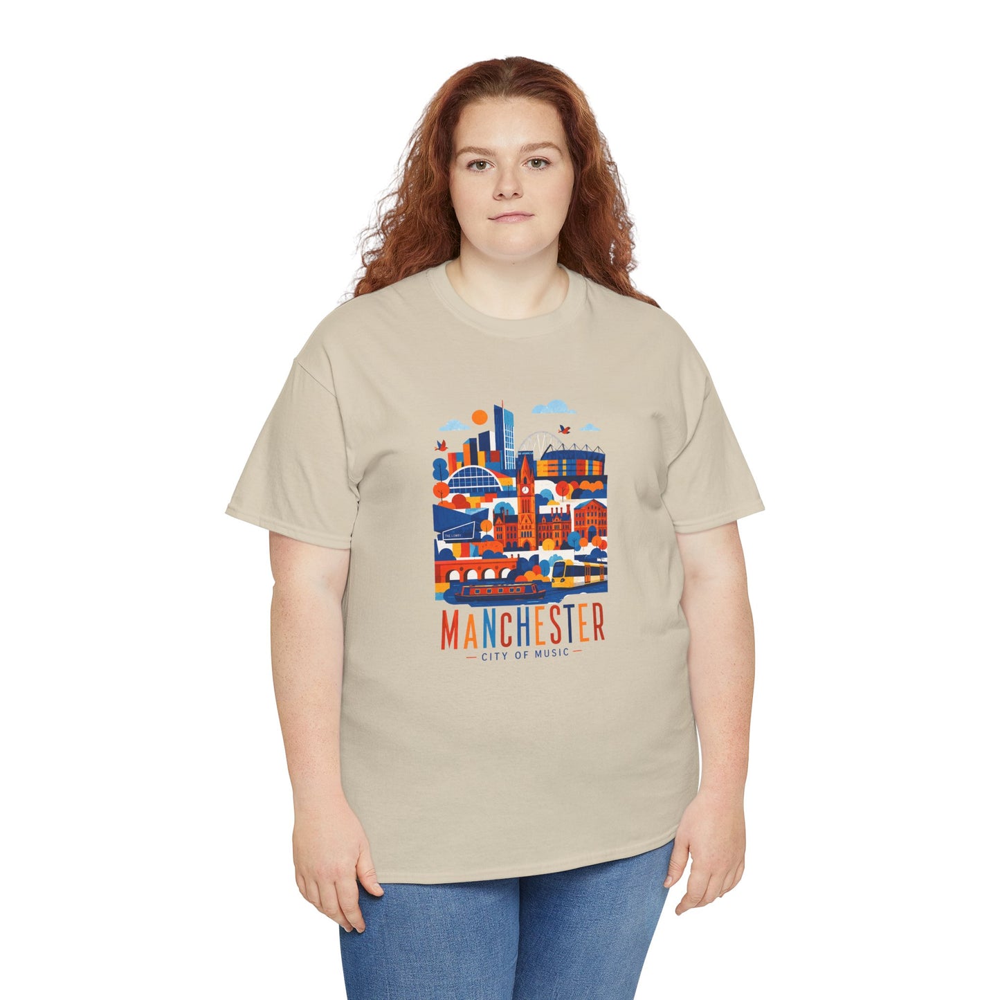 Light beige crew-neck t-shirt with colorful Manchester skyline graphic on the chest