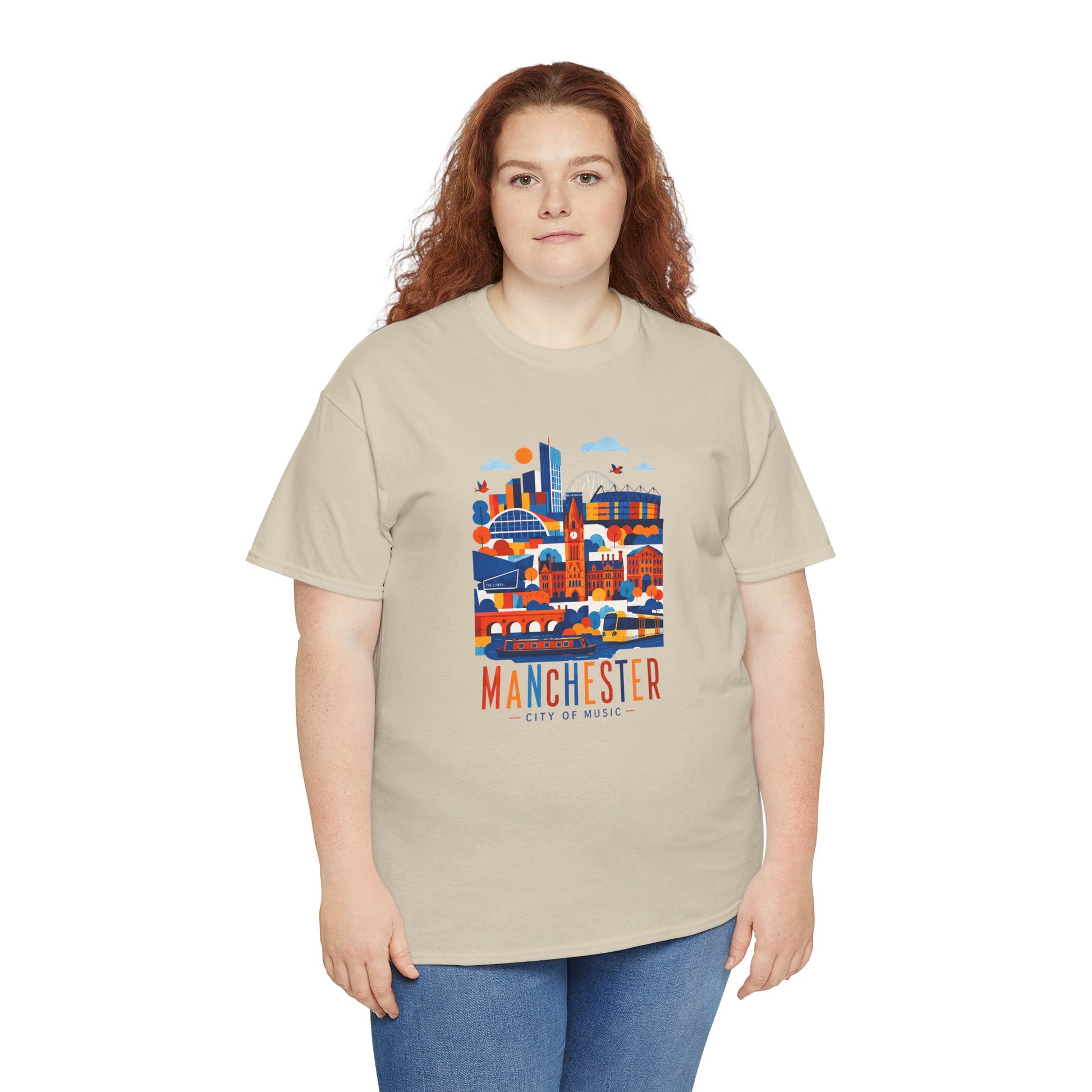 Light beige crew-neck t-shirt with colorful Manchester skyline graphic on the chest