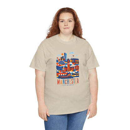 Light beige crew-neck t-shirt with colorful Manchester skyline graphic on the chest