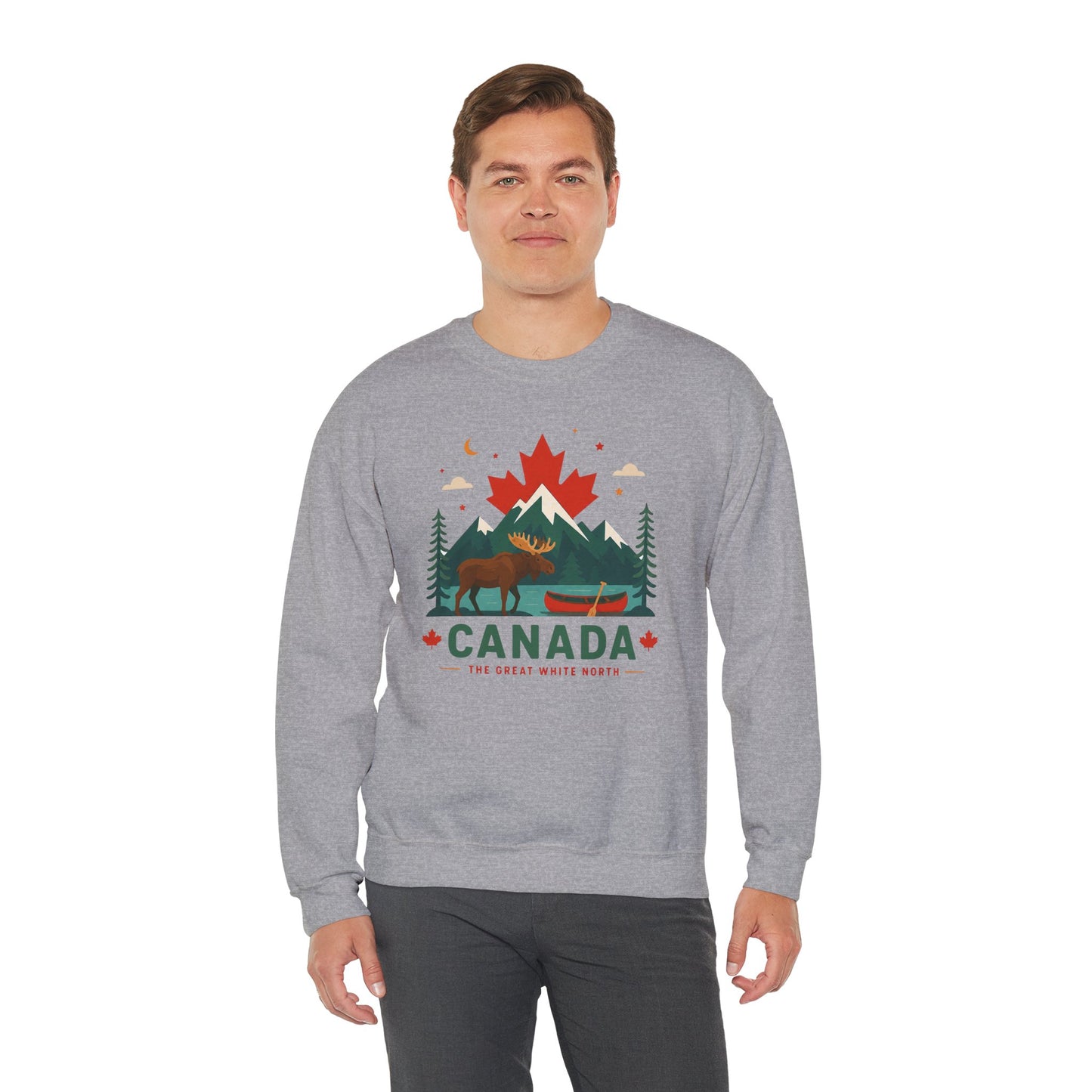 Sport grey Canada moose and canoe sweatshirt with colorful mountain graphic and "Canada" text