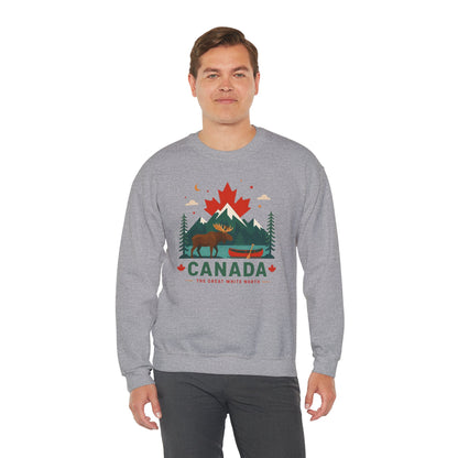 Sport grey Canada moose and canoe sweatshirt with colorful mountain graphic and "Canada" text