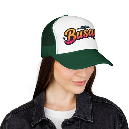 Dark green and white trucker hat with 'Busan' logo on front panel