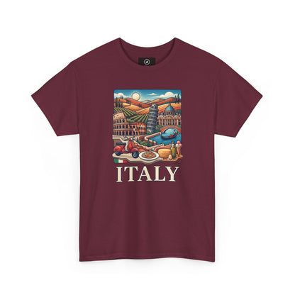 Maroon graphic T-shirt with rectangular Italy scenic print and large “ITALY” text
