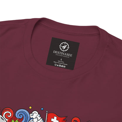 Maroon T-shirt close-up: Destinasee neck label and partial Switzerland artwork