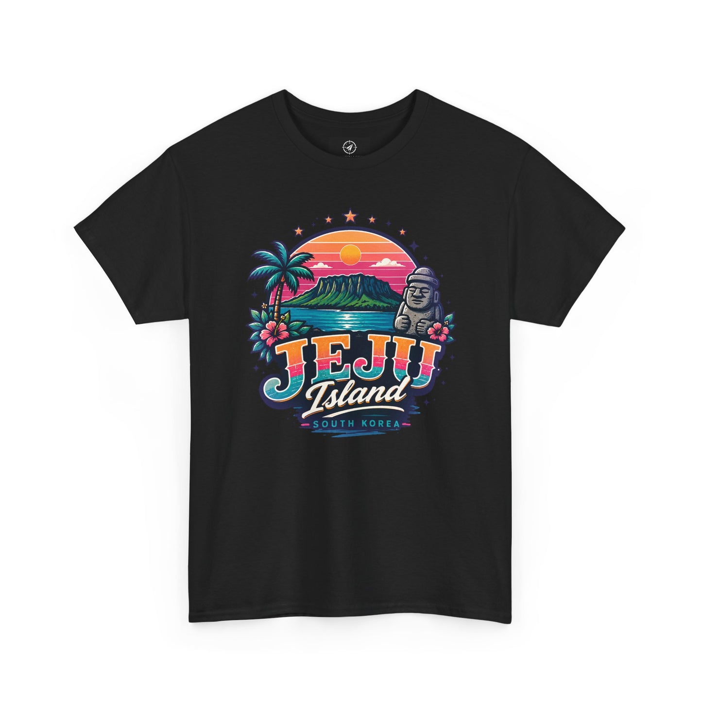 Black t-shirt with colorful “JEJU Island” sunset logo and South Korea text graphic
