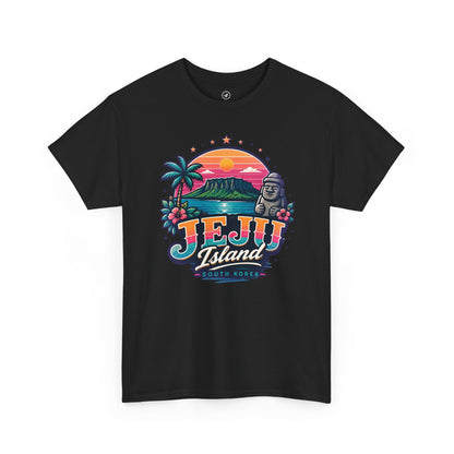 Black t-shirt with colorful “JEJU Island” sunset logo and South Korea text graphic