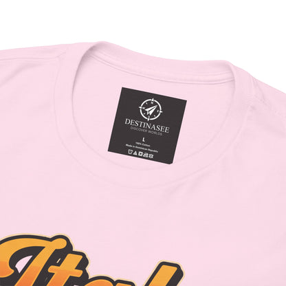 Light pink crewneck tee close-up with “DESTINASSEE” neck label and partial graphic