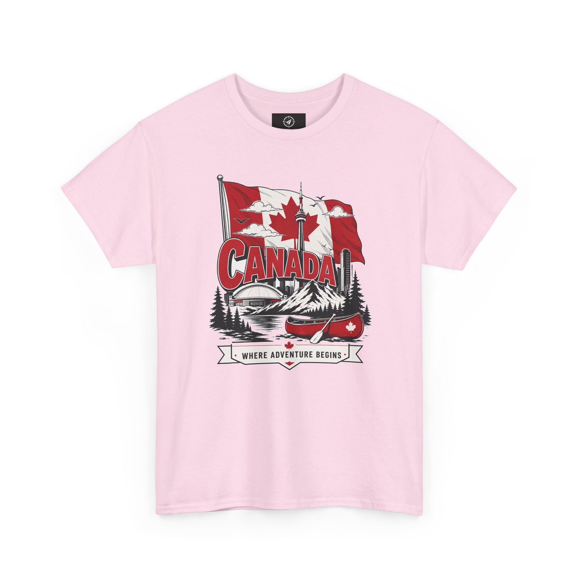 Light pink crew-neck t-shirt with Canada flag and logo graphic on the chest