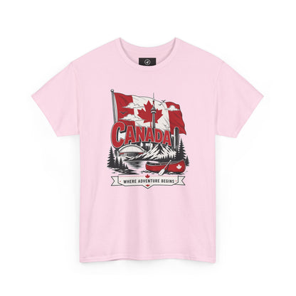 Light pink crew-neck t-shirt with Canada flag and logo graphic on the chest
