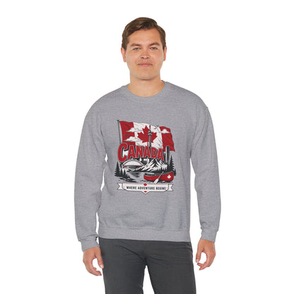 Heather gray crewneck sweatshirt with red Canada flag and canoe graphic on chest