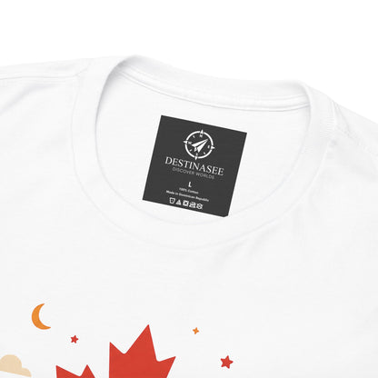 White T-shirt close-up with neck label and partial colorful stars and maple leaf graphic