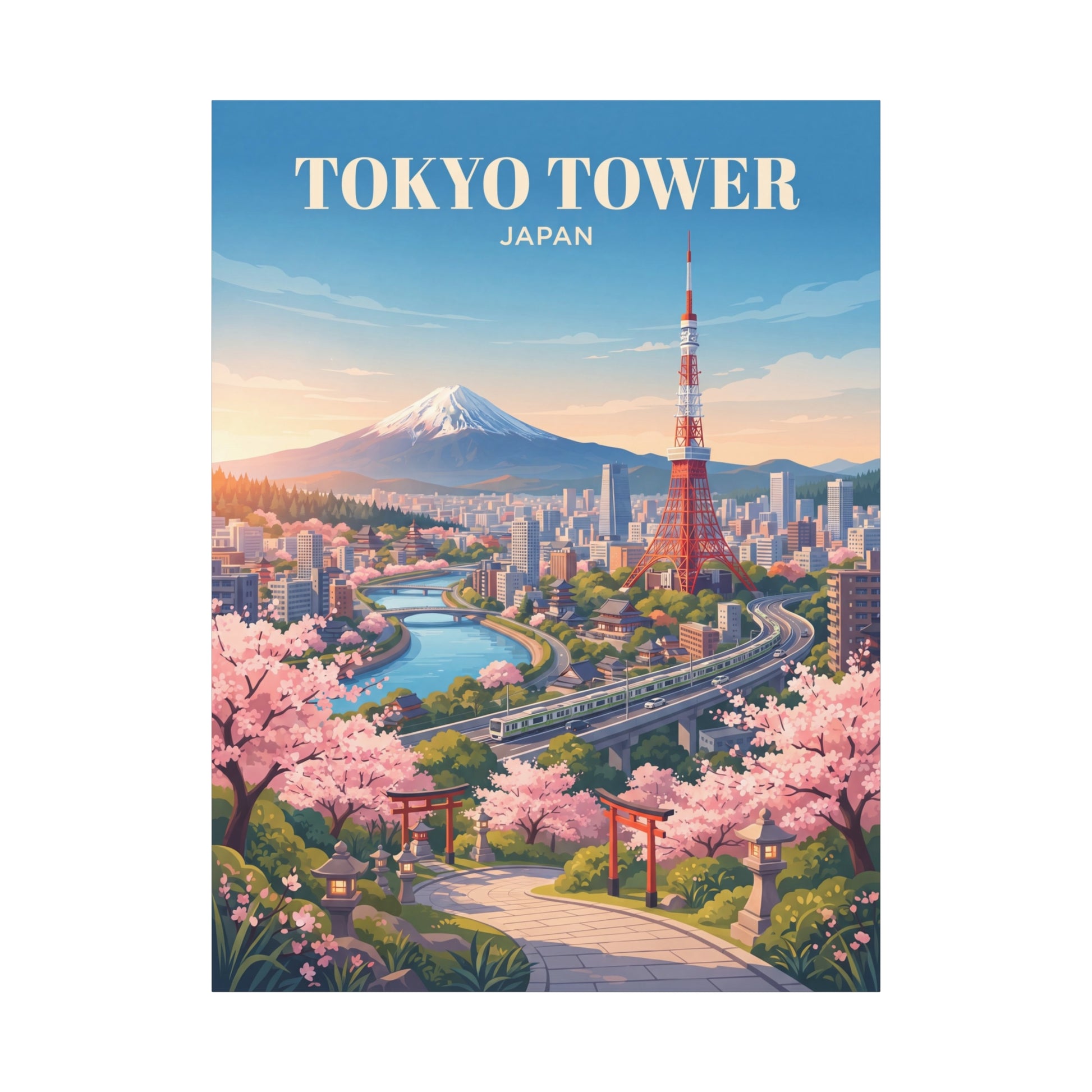 Vertical matte canvas print featuring Tokyo Tower, Mt. Fuji, and cherry blossom gardens.