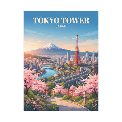 Vertical matte canvas print featuring Tokyo Tower, Mt. Fuji, and cherry blossom gardens.