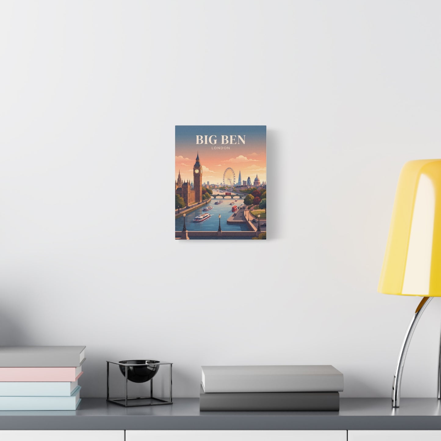 Small matte canvas wall art featuring Big Ben, “BIG BEN LONDON” text, and river skyline