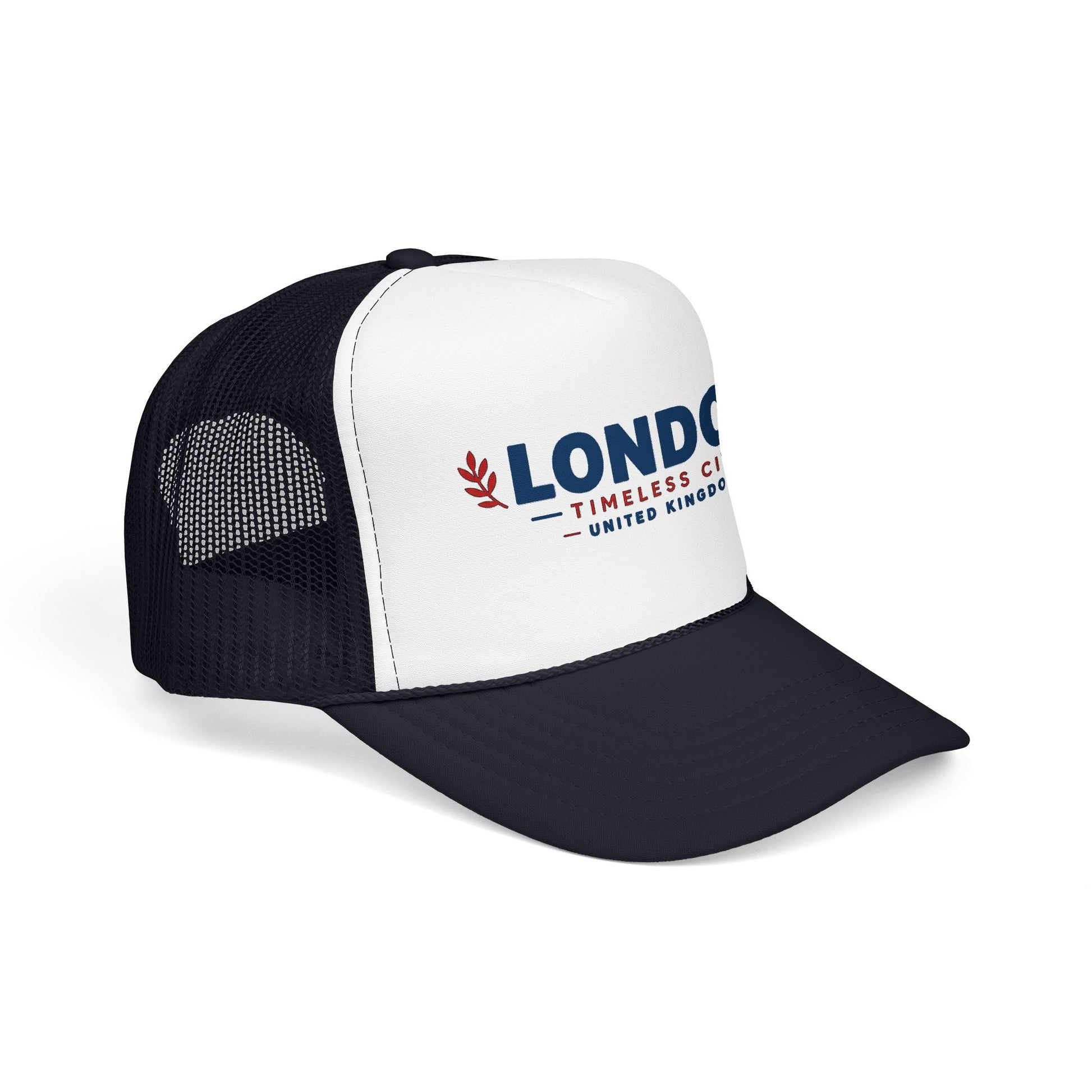 London Timbers trucker hat with white front, black mesh panels, and LONDON logo.