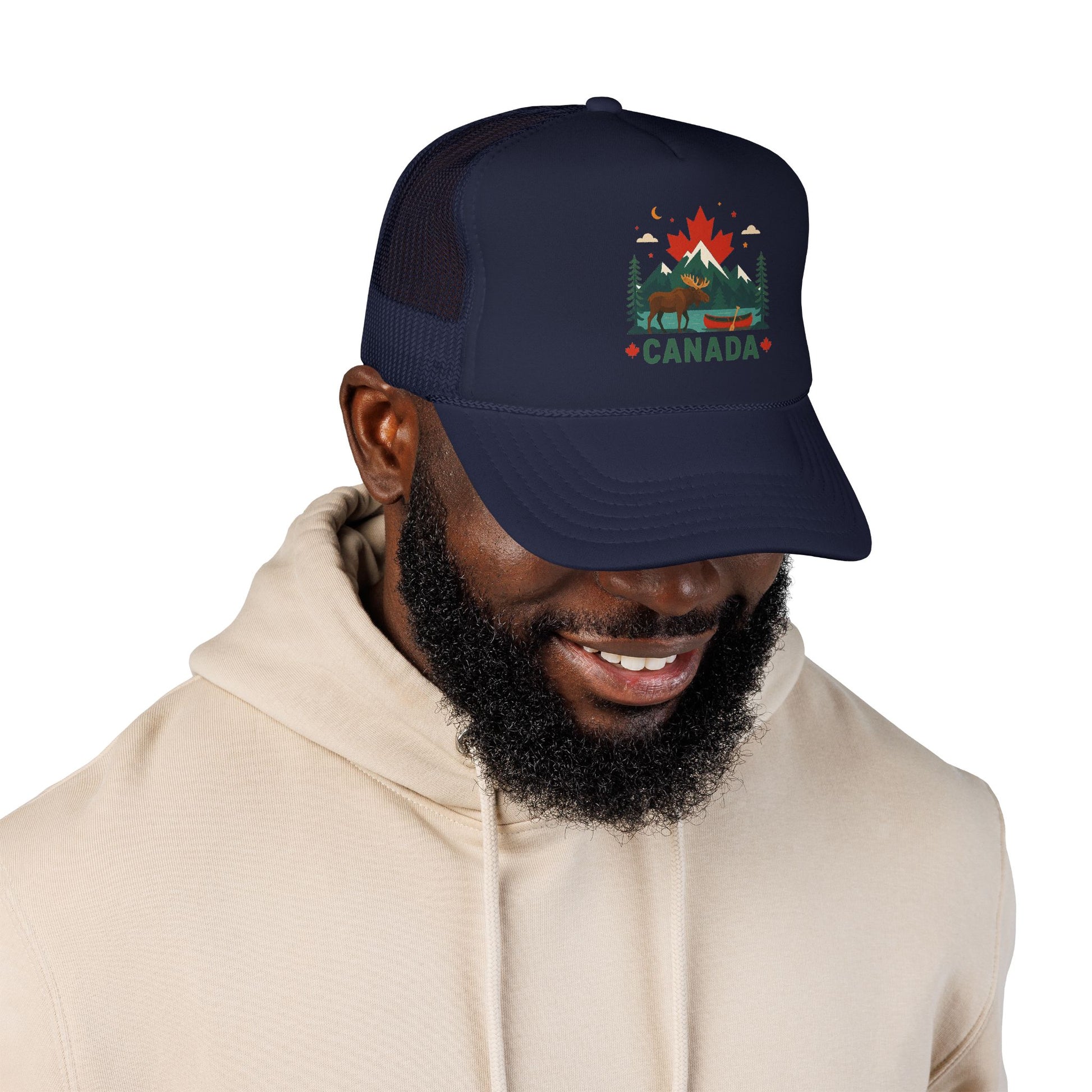 Navy Canada trucker hat worn by a man, mesh back and moose graphic