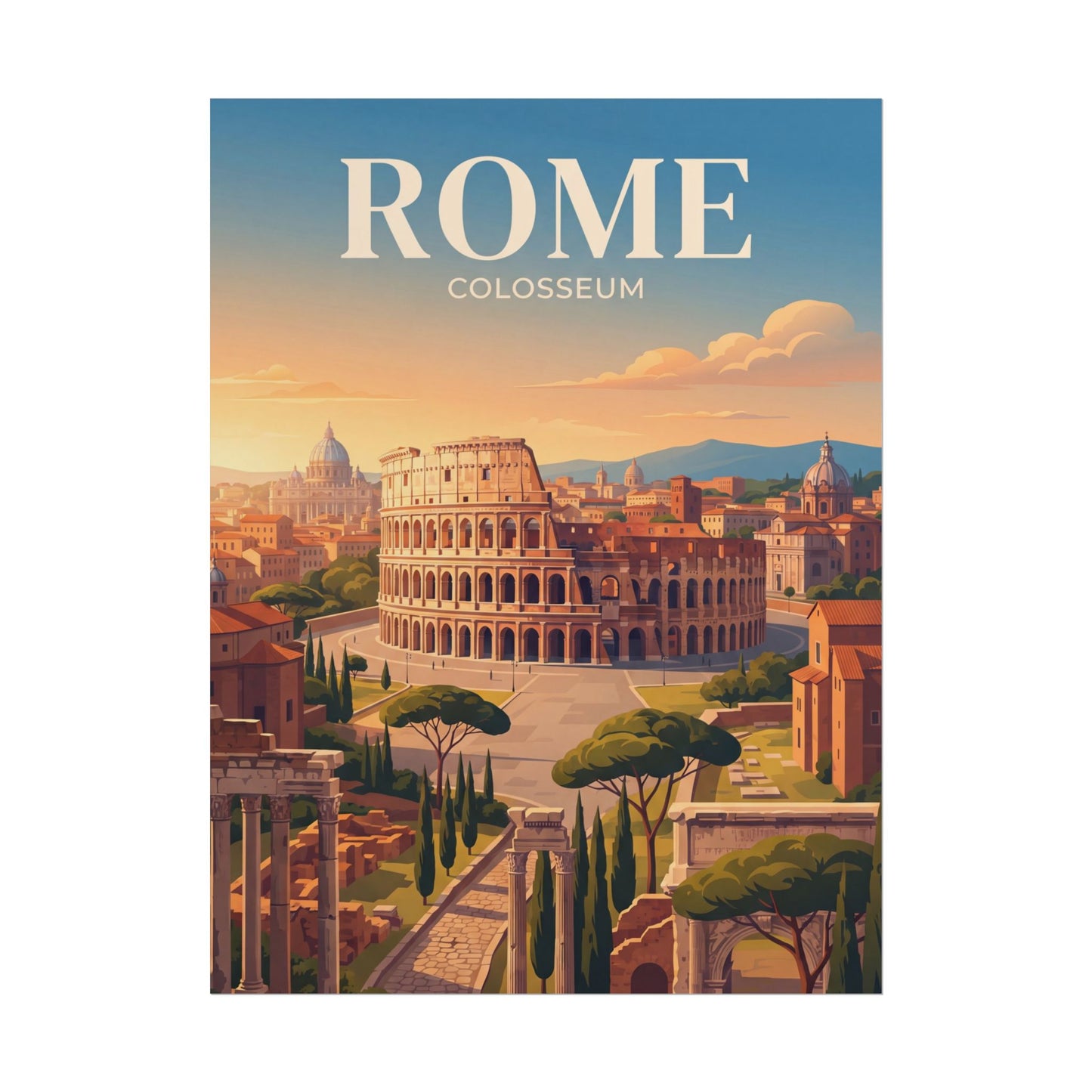Rome Colosseum paper poster close view with bold title and amphitheater scene