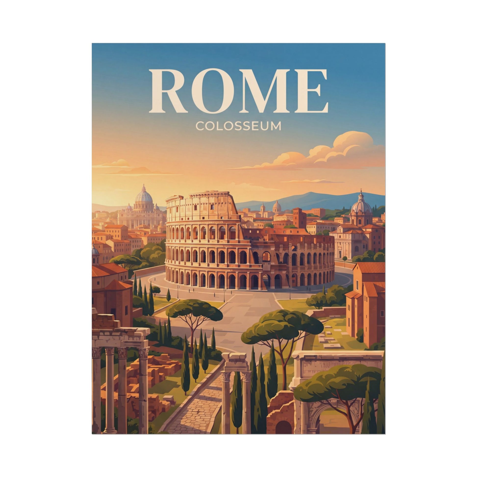 Rome Colosseum paper poster close view with bold title and amphitheater scene