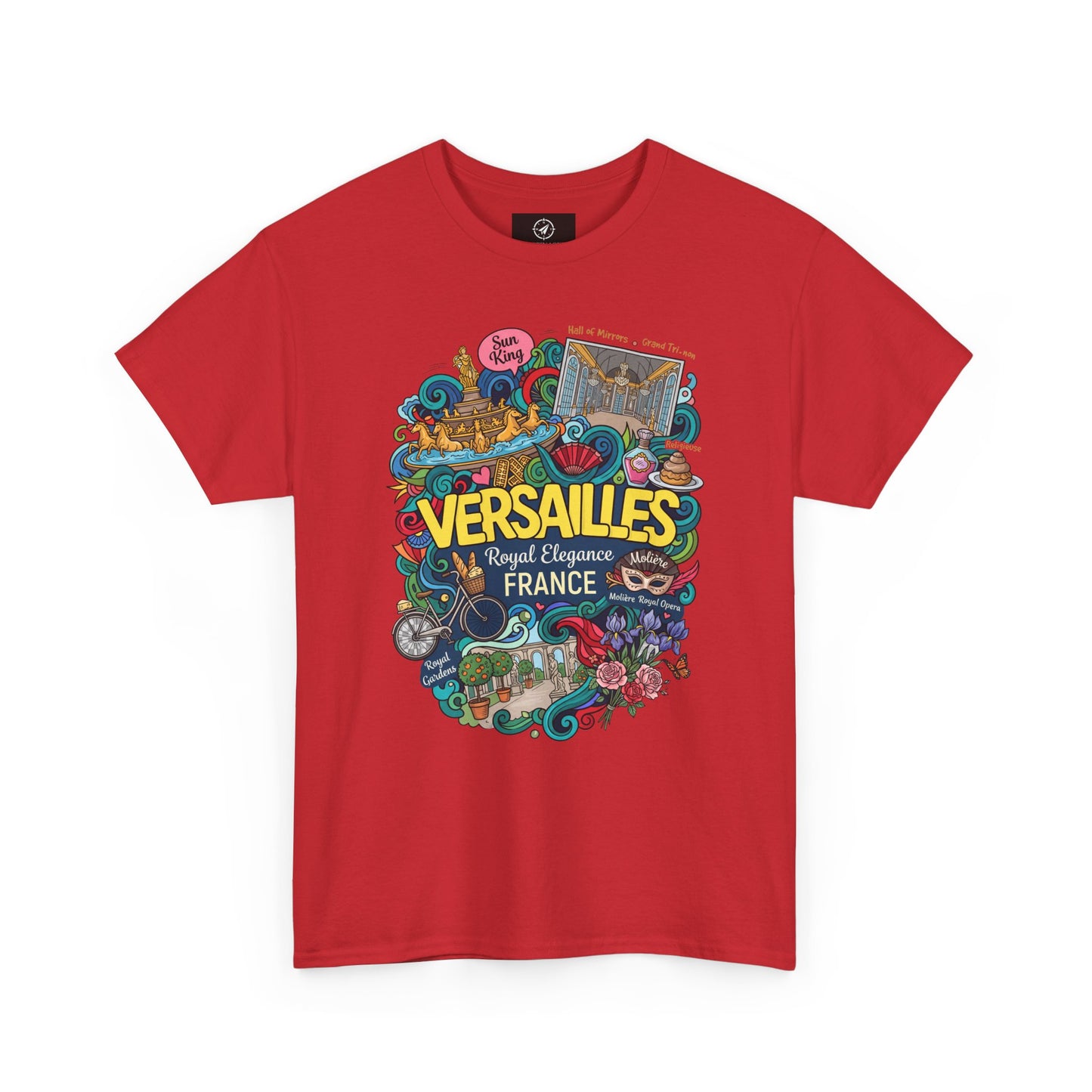 Red short-sleeve T-shirt with colorful “Versailles France” front graphic print.