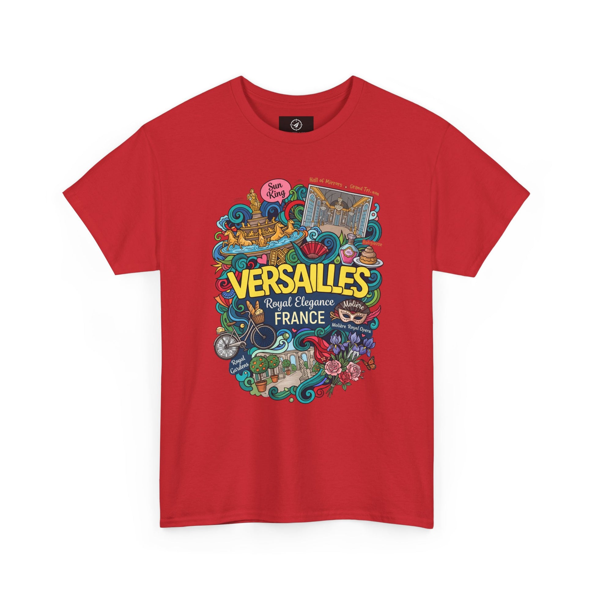 Red short-sleeve T-shirt with colorful “Versailles France” front graphic print.