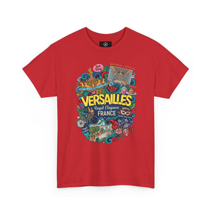 Red short-sleeve T-shirt with colorful “Versailles France” front graphic print.