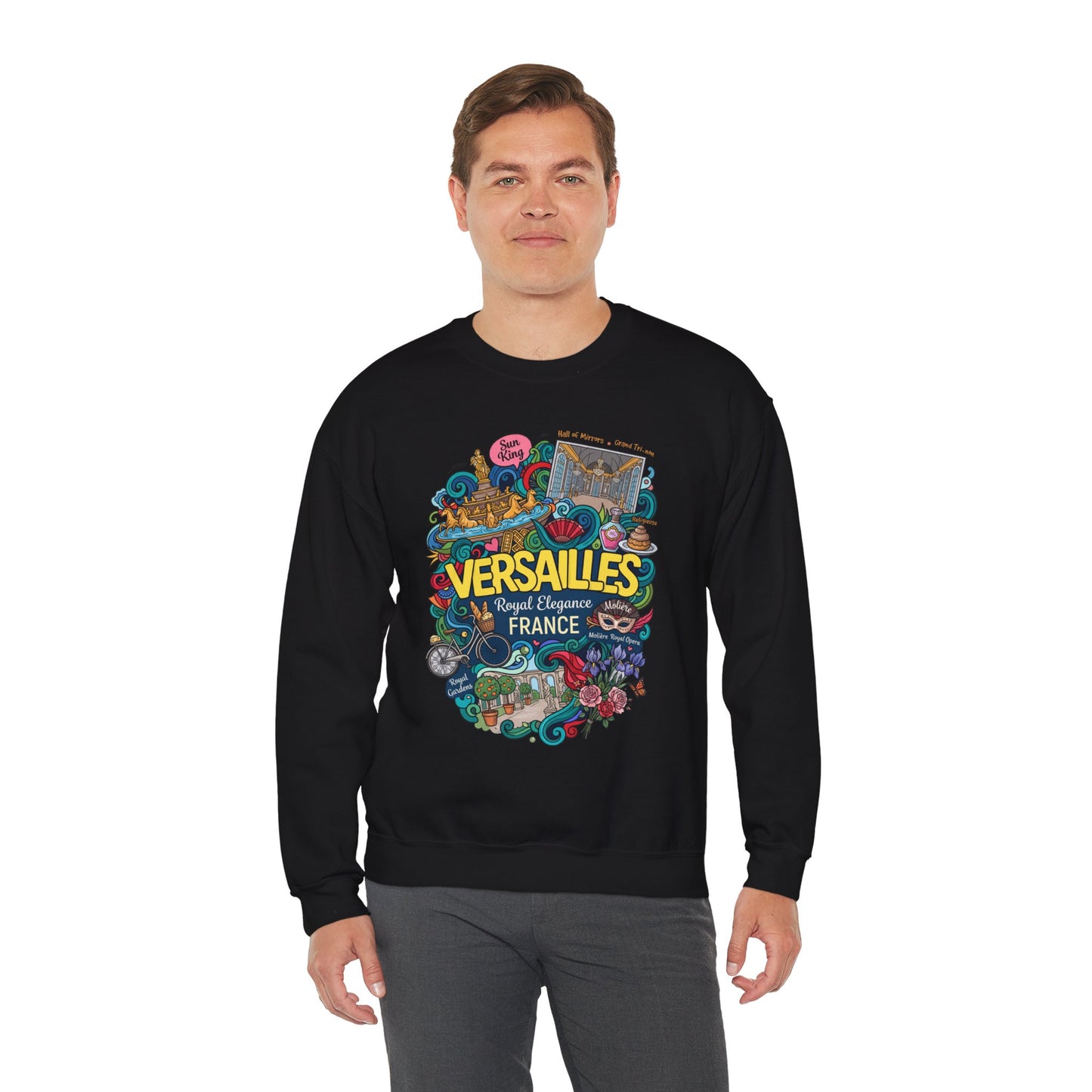 Black crewneck sweatshirt with colorful Versailles-themed graphic on the front, worn