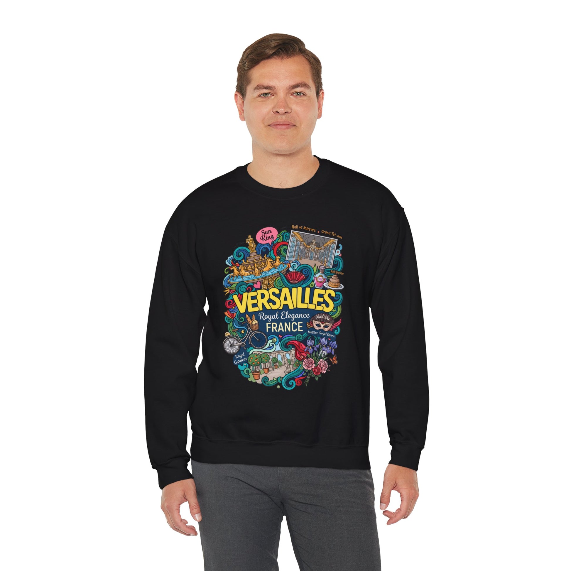 Black crewneck sweatshirt with colorful Versailles-themed graphic on the front, worn