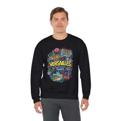 Black crewneck sweatshirt with colorful Versailles-themed graphic on the front, worn