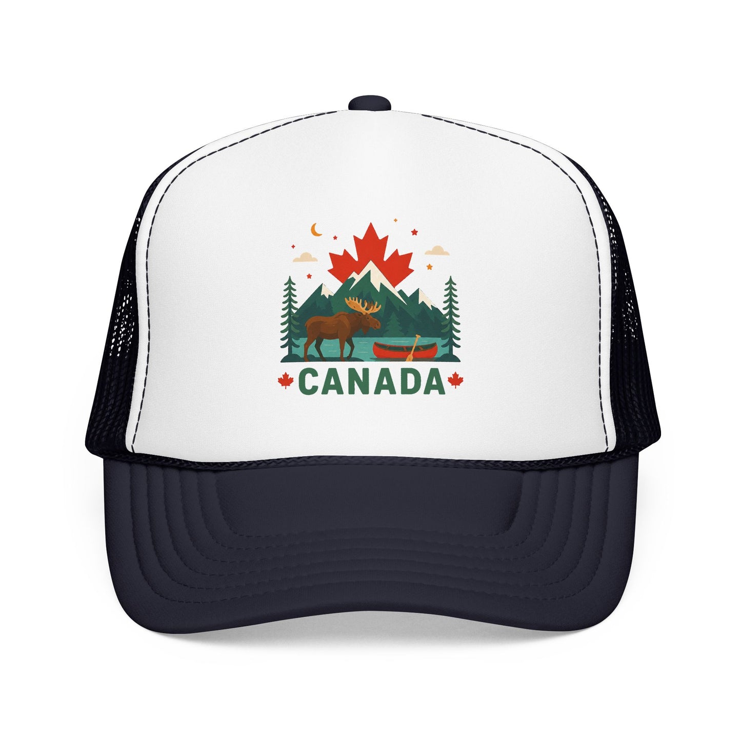 White/black Canada moose trucker hat with 'CANADA' front graphic and mesh back