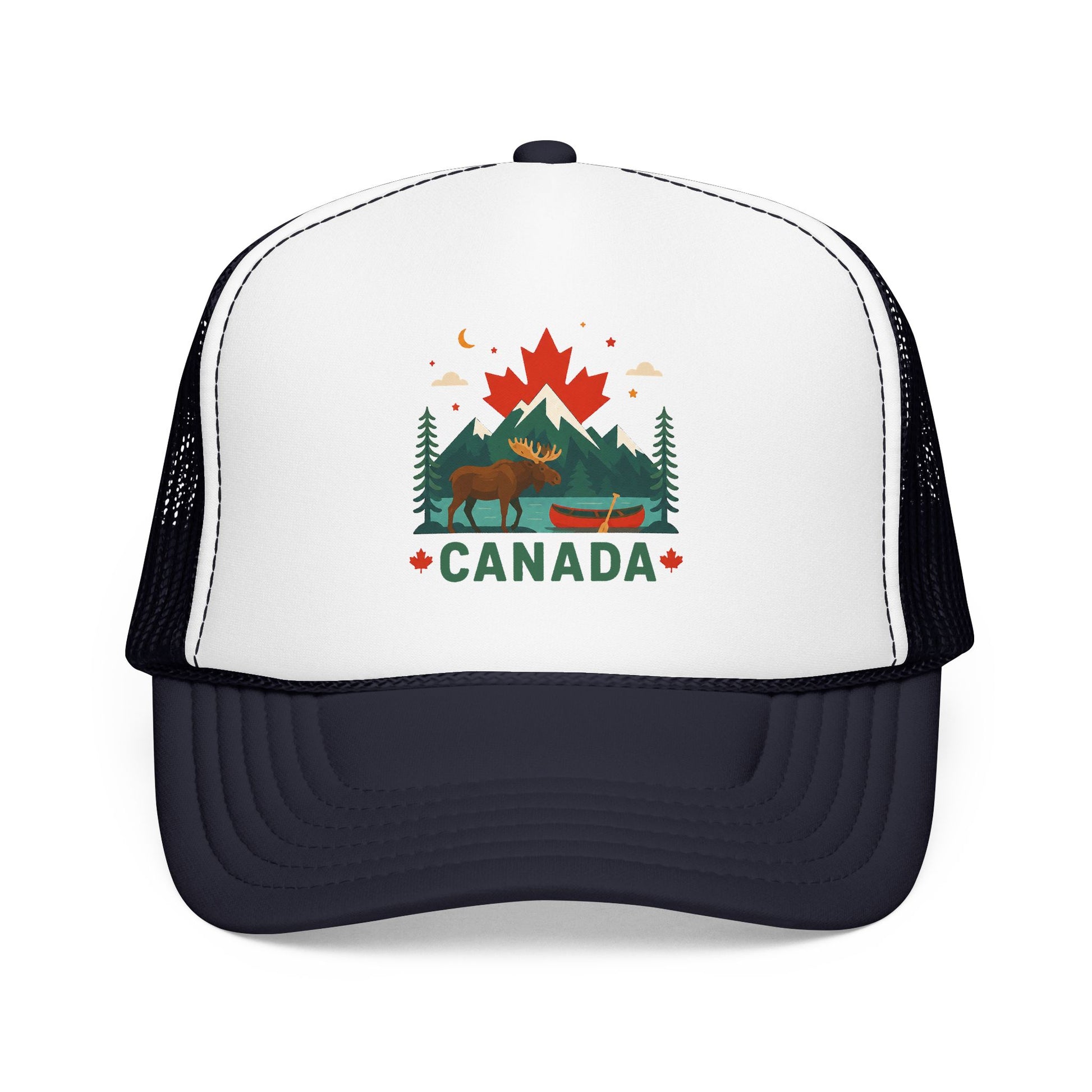 White/black Canada moose trucker hat with 'CANADA' front graphic and mesh back