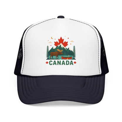White/black Canada moose trucker hat with 'CANADA' front graphic and mesh back