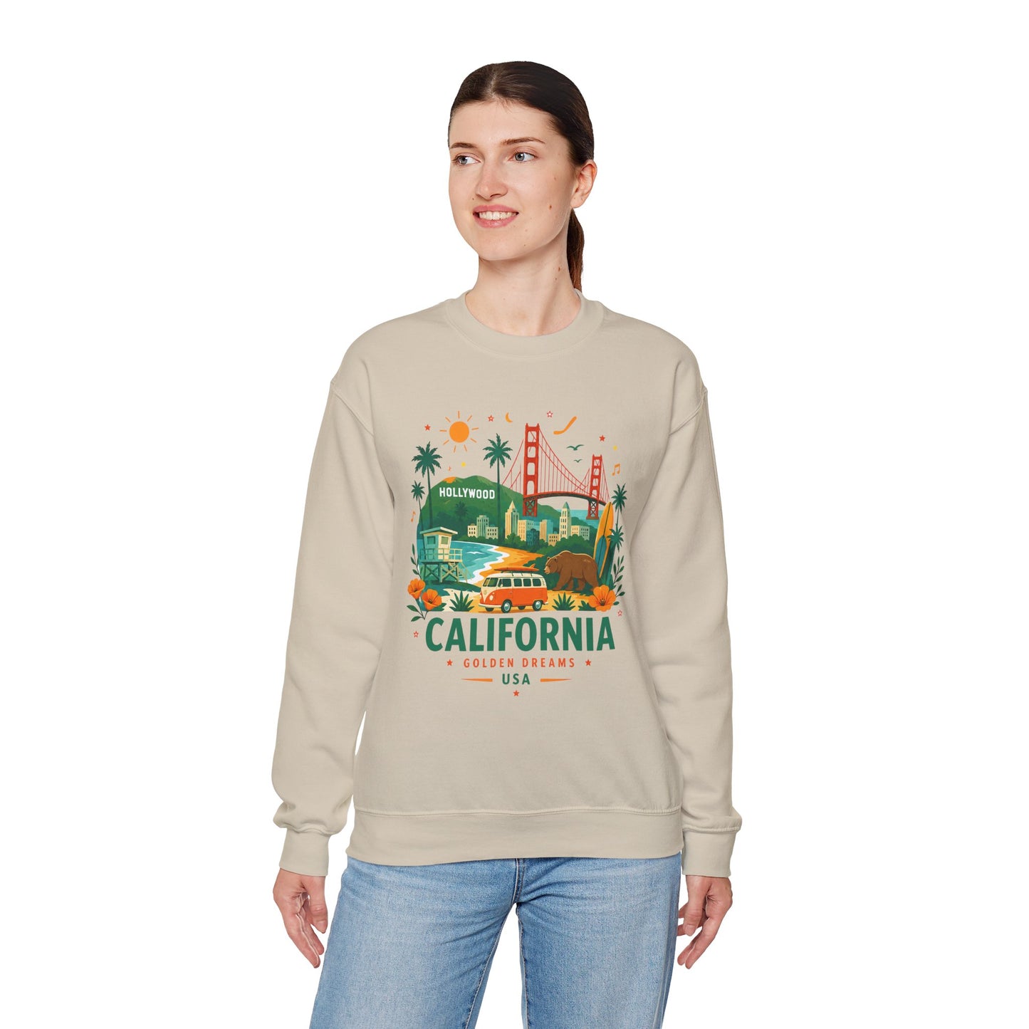 Sand crewneck sweatshirt with colorful California graphic on the front; long sleeves.