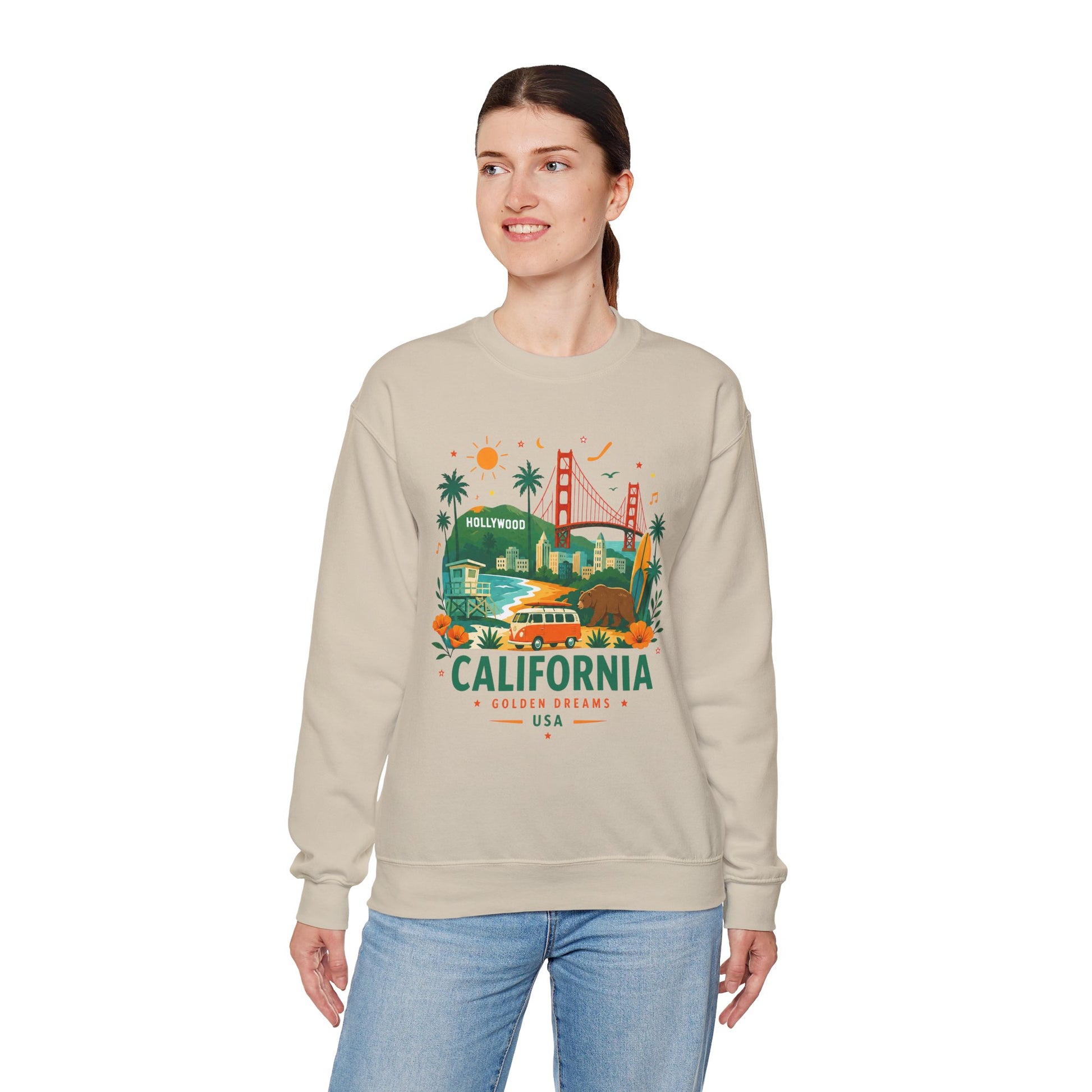 Sand crewneck sweatshirt with colorful California graphic on the front; long sleeves.