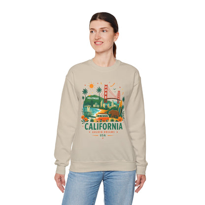 Sand crewneck sweatshirt with colorful California graphic on the front; long sleeves.