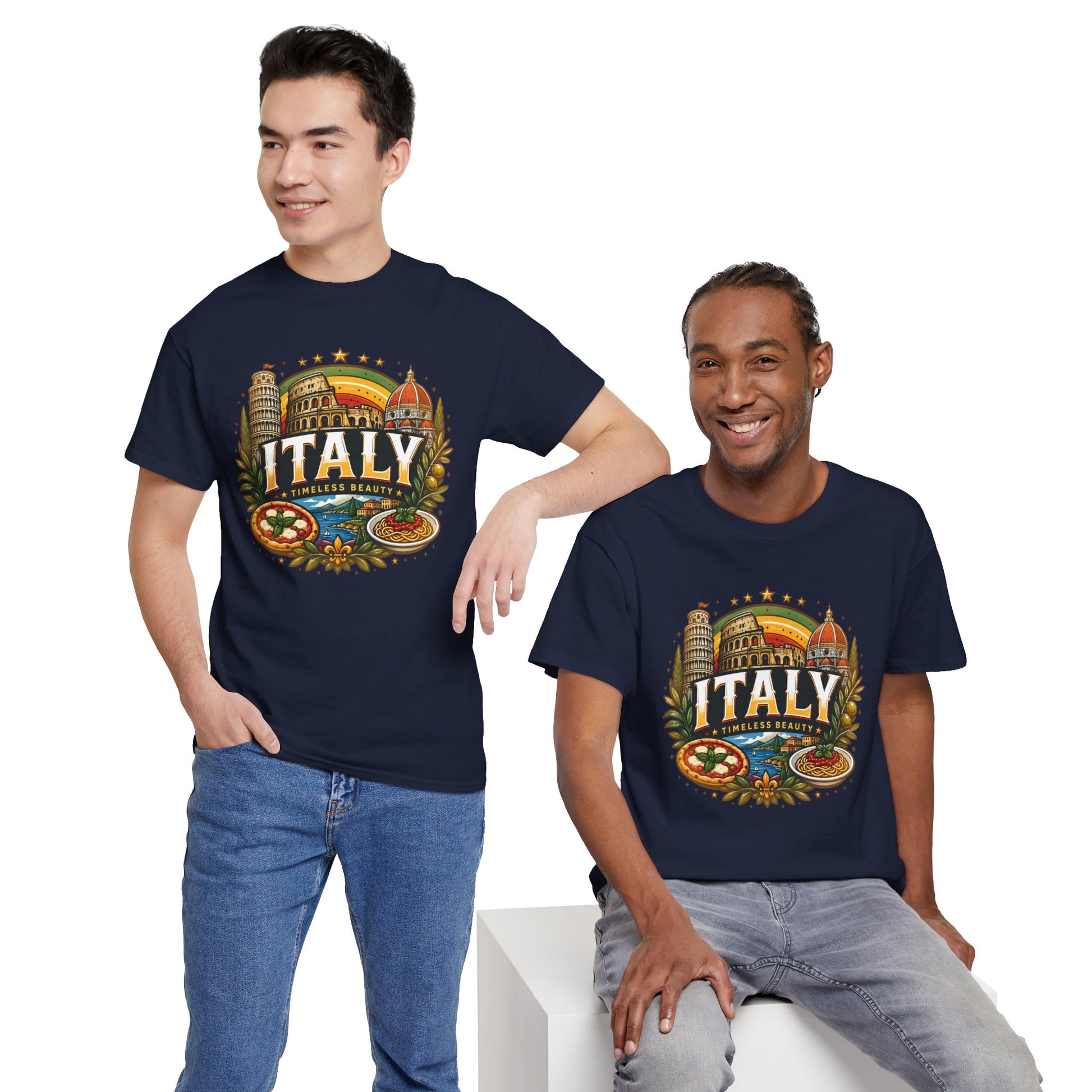 Navy short-sleeve crewneck T-shirt worn by models, front displays vintage Italy graphic