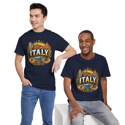 Navy short-sleeve crewneck T-shirt worn by models, front displays vintage Italy graphic