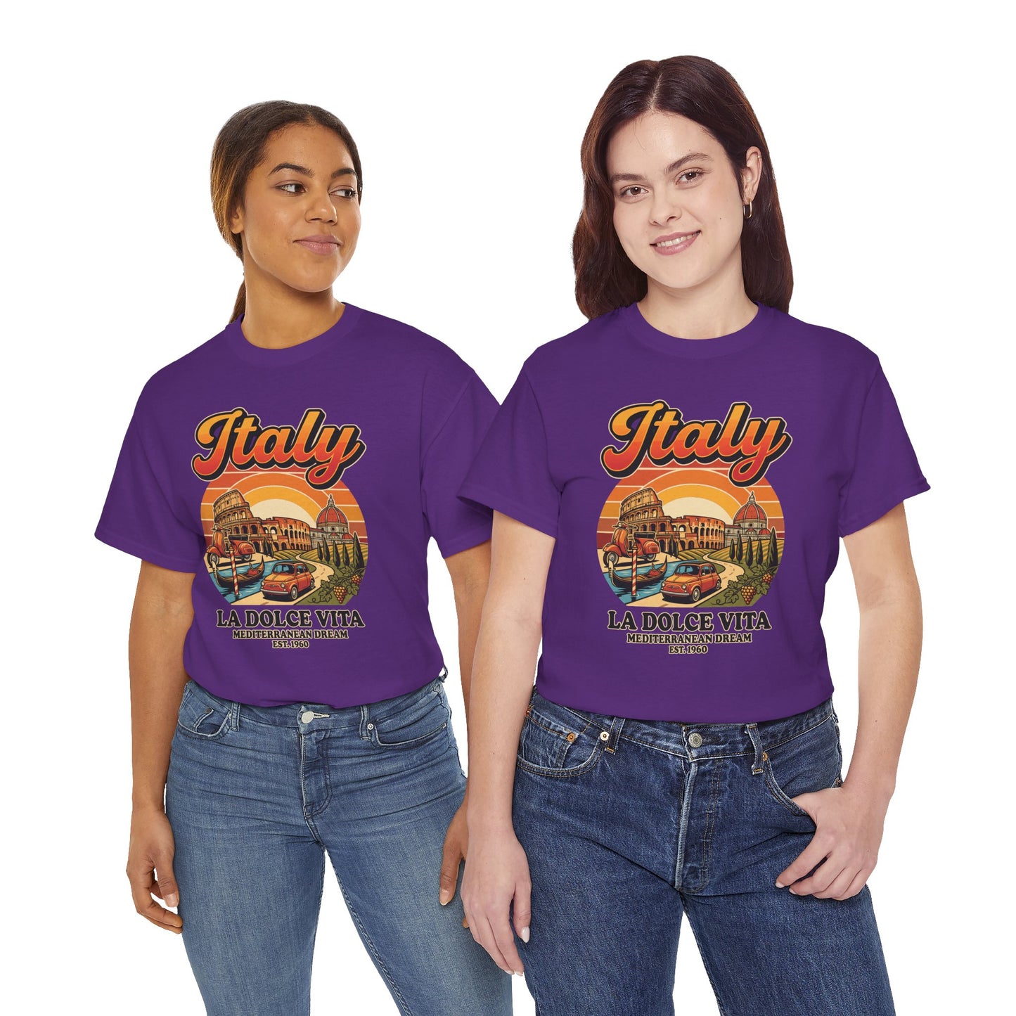 Purple crew-neck T-shirt with colorful 'Italy La Dolce Vita' chest graphic