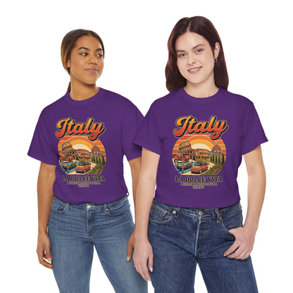 Purple crew-neck T-shirt with colorful 'Italy La Dolce Vita' chest graphic