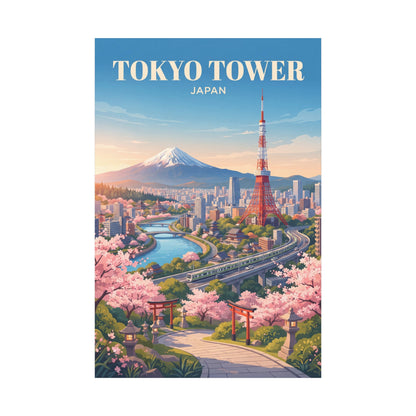 Vertical matte canvas print showing Tokyo Tower, Mt. Fuji, and cherry blossoms over the city.