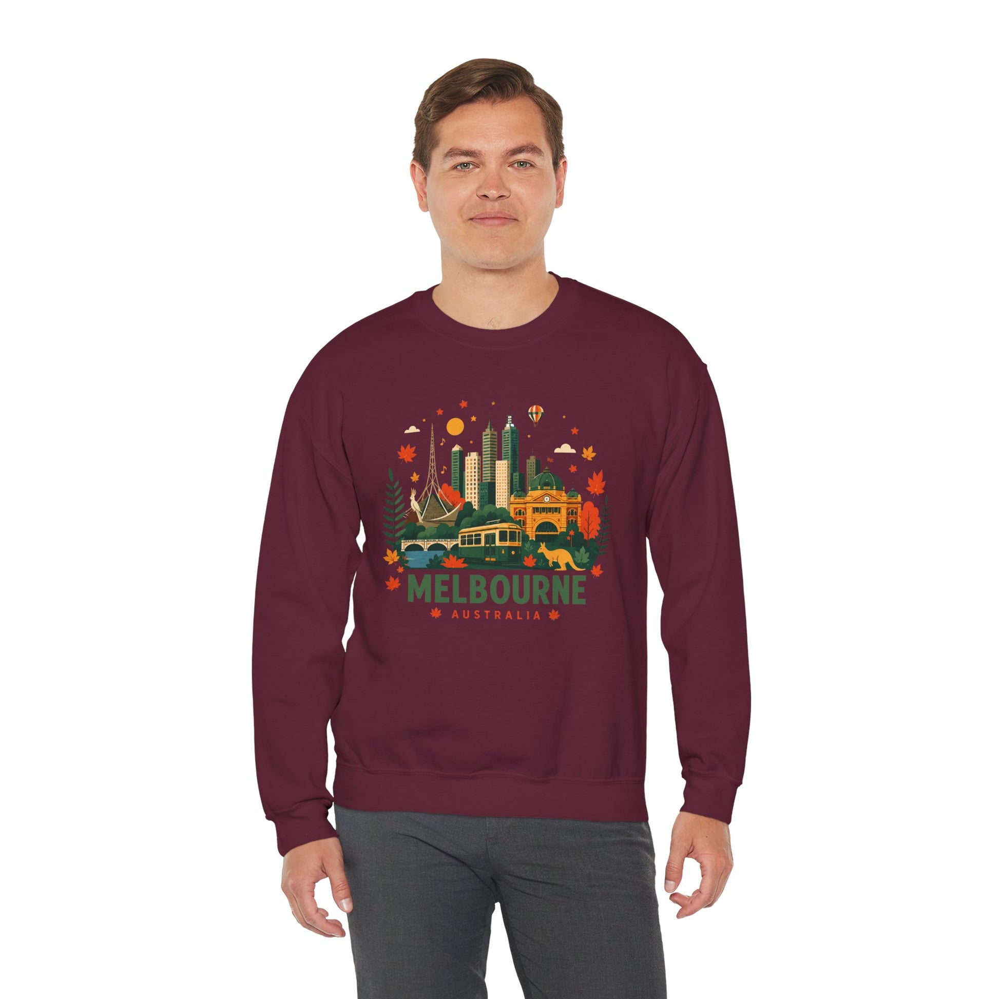 Maroon crewneck sweatshirt with Melbourne city graphic print