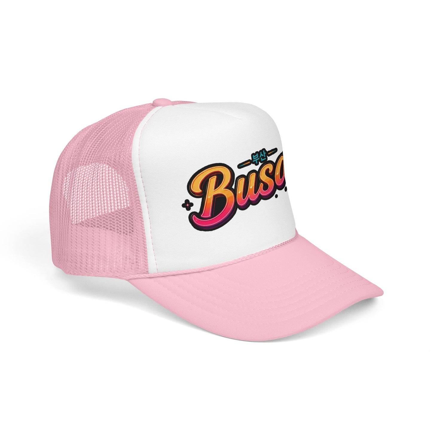 Pink and white trucker hat with 'Busan' logo on white front panel