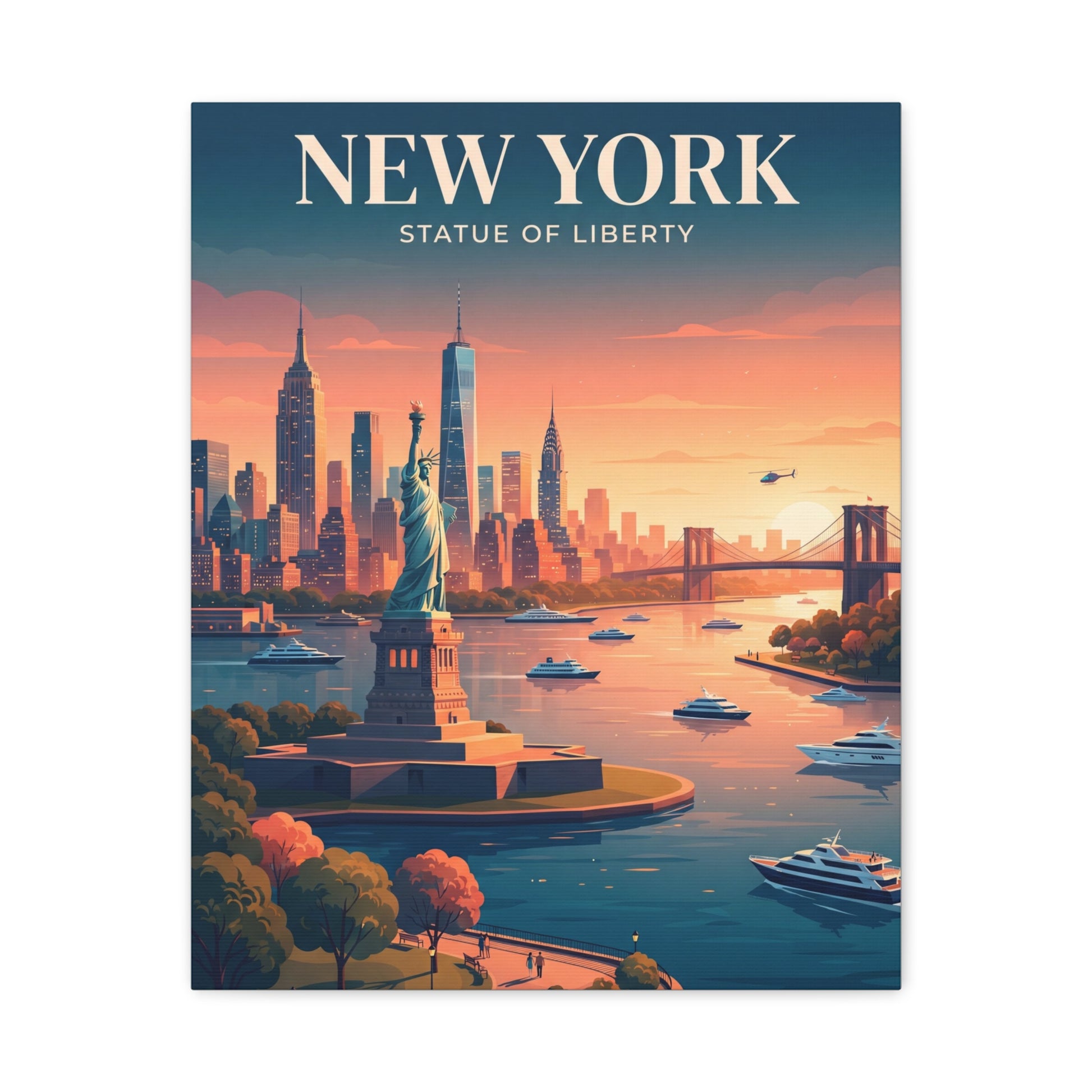 Portrait canvas wall art with Statue of Liberty monument and harbor skyline at dusk