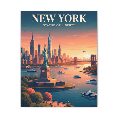Portrait canvas wall art with Statue of Liberty monument and harbor skyline at dusk