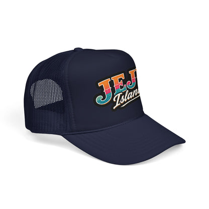 Navy foam trucker hat with mesh back and front logo patch, curved brim